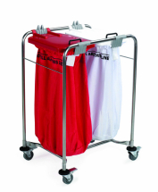 2 BAG STAINLESS STEEL MEDI LAUNDRY CART WITH WHITE & RED LIDS
