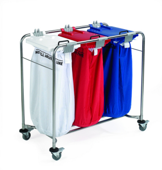3 BAG STAINLESS STEEL MEDI LAUNDRY CART WITH WHITE, RED AND BLUE LIDS