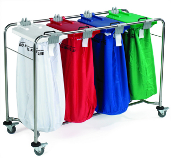 4 BAG STAINLESS STEEL MEDI LAUNDRY CART WHITE, RED, BLUE AND GREEN LIDS