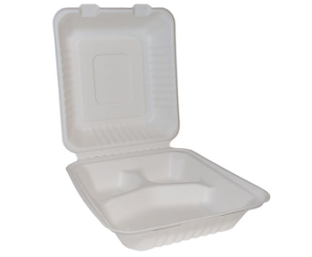 BAGASSE HINGED FOOD BOX 3 COMPARTMENTS 8 x 8Inch