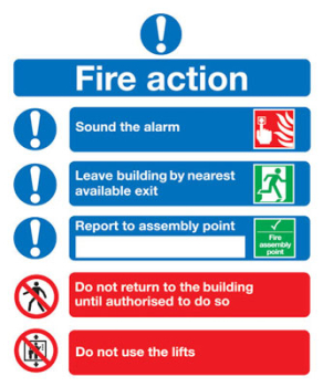 FIRE ACTION' SELF ADHESIVE SIGN 230X172MM