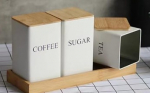 TEA COFFEE SUGAR CANISTER 1LT METAL WITH WOODEN LID