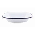WHITE ENAMEL RECTANG PIE DISH WITH BLUE RIM 20CM