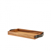 GENWARE ACACIA WOOD SERVING TRAY WITH METAL HANDLES 32.5 X 17.5CM