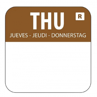 1'' SQUARE FOOD LABEL ROLL BROWN THURSDAY 25X25MM