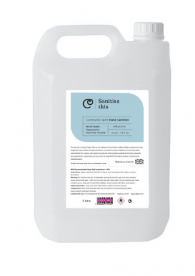 A - Hand Sanitiser, Sanitise This, Community Spirit 80% Alcohol 5 Litre