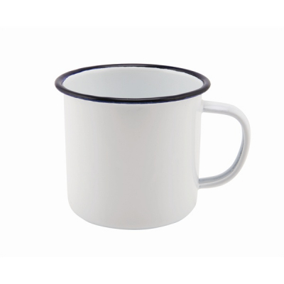 WHITE ENAMEL CUP WITH BLUE RIM 12.5OZ