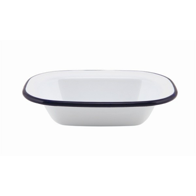 WHITE ENAMEL DEEP DISH WITH BLUE RIM 16x12x3.5CM