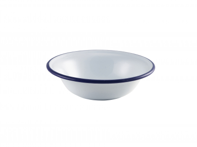WHITE ENAMEL BOWL 16CM WITH BLUE RIM 50CL 41016