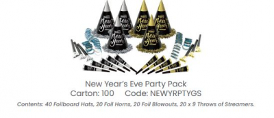 NEW YEARS EVE PARTY PACK 100PC HATS, HORNS, BLOWOUT, STREAMER